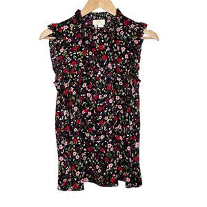 Kate Spade Floral Sleeveless Ruffled Blouse Top Black Womens Small